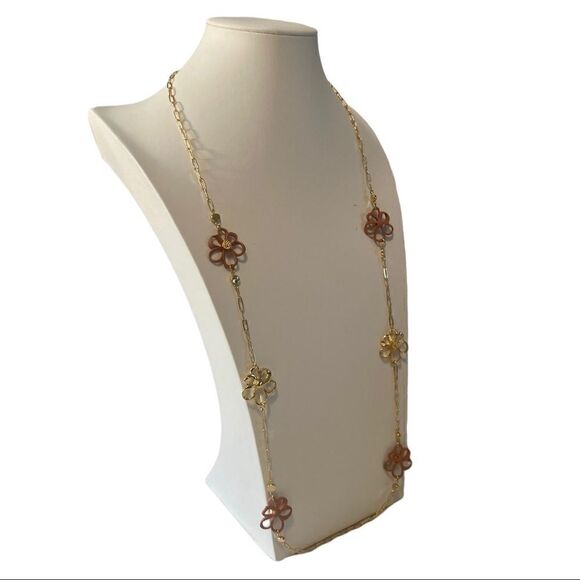 Carol Dauplaise Shiny Gold & Polymer Clay Flower Necklace on XL Gold Chain. - Picture 3 of 5